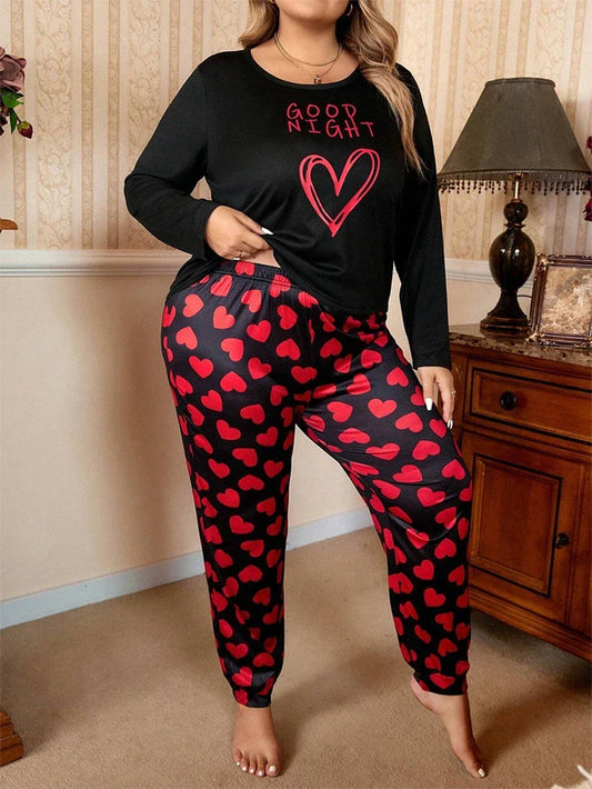 Cralom Heart Print Pajama Set: Long Sleeve Tops & Soft Elastic Pants