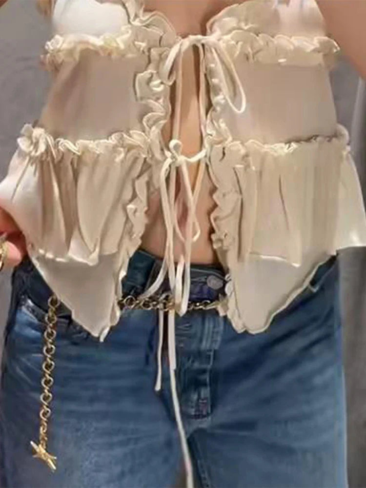 Cralom Ruffled Sling Vest - V Neck Lace Up Sleeveless Top