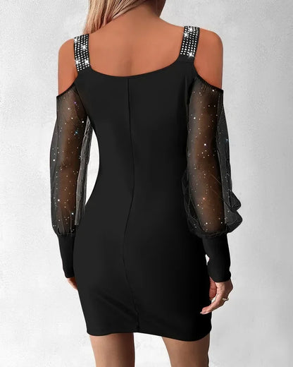 Cralom Sheer Mesh Bodycon Dress with Puff Sleeves & High Waist