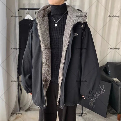 Cralom Men's Y2K Style Lambswool Coat - Retro Street Fashion & Thick Tooling Cotton Jacket