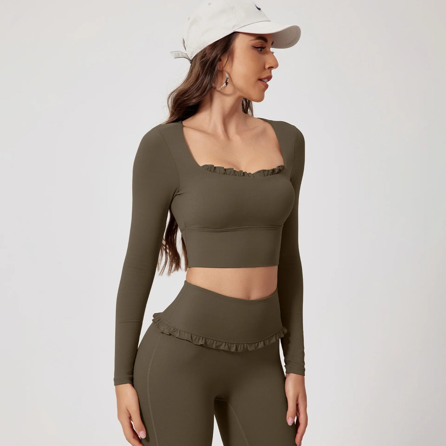 Cralom Fitness Long Sleeve Square Neck Yoga Top Gym Sportswear