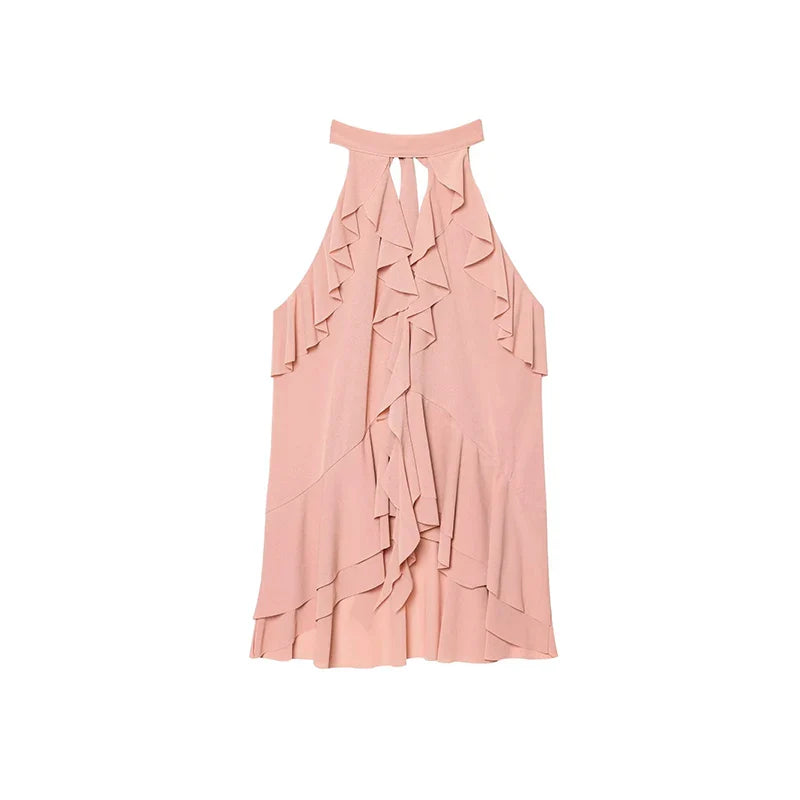 Cralom Ruffles Halter Vest Top Chiffon Hollow Out Slim Tank Tops Summer Blouses