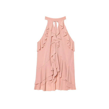 Cralom Ruffles Halter Vest Top Chiffon Hollow Out Slim Tank Tops Summer Blouses