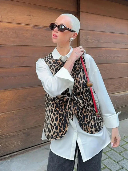 Cralom Leopard Print Lace-Up V-Neck Vest Women's Sleeveless Jacket Top