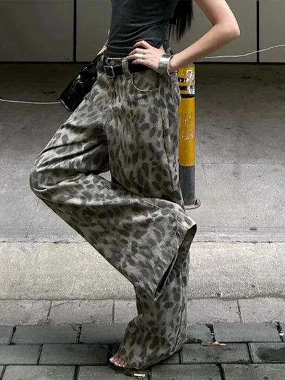 Cralom High Waist Vintage Leopard Wide Leg Jeans - 2025 Collection