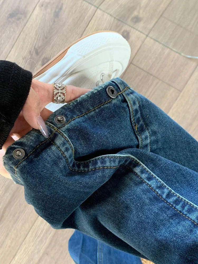 Cralom Vintage Blue Washed High Waist Straight Jeans Women's Streetwear
