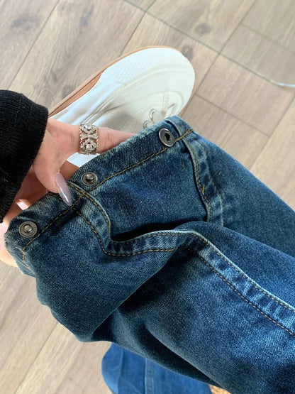 Cralom Vintage Blue Washed High Waist Straight Jeans Women's Streetwear