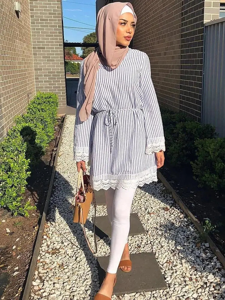 Cralom Stripe Long Tops for Women - Ramadan Abaya, Islamic Prayer Clothes