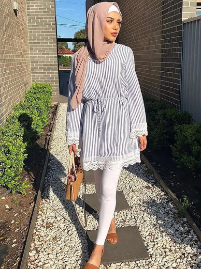 Cralom Stripe Long Tops for Women - Ramadan Abaya, Islamic Prayer Clothes