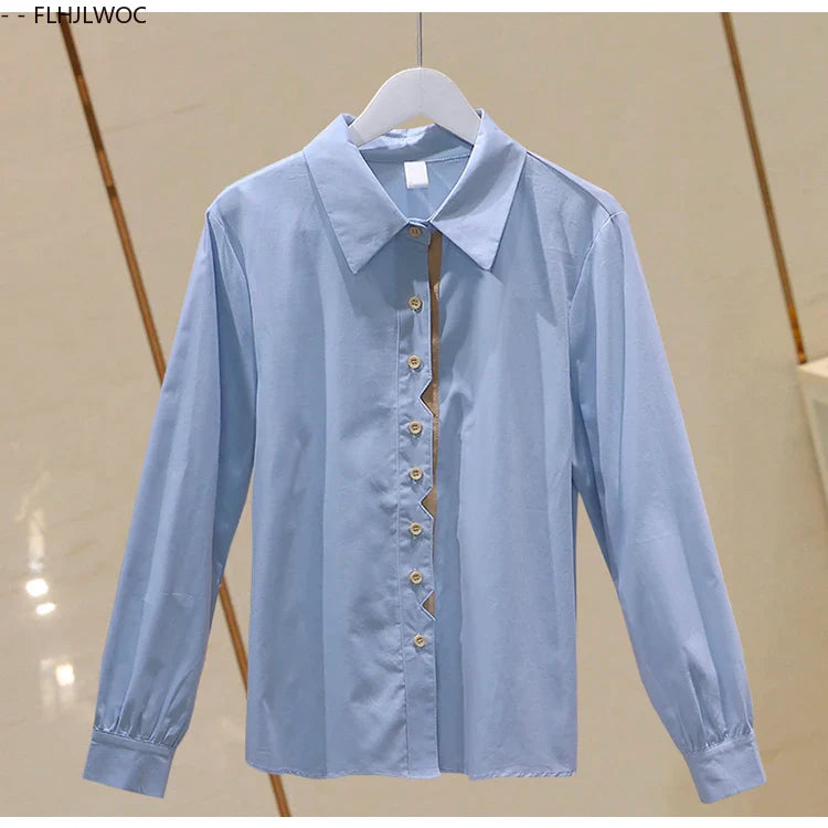 Cralom Retro Vintage Blue Button Cotton Tops Blouses for Chic Office Lady
