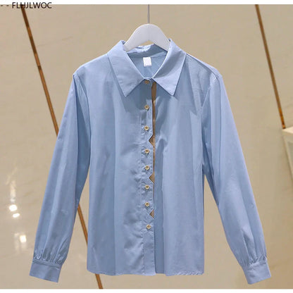 Cralom Retro Vintage Blue Button Cotton Tops Blouses for Chic Office Lady
