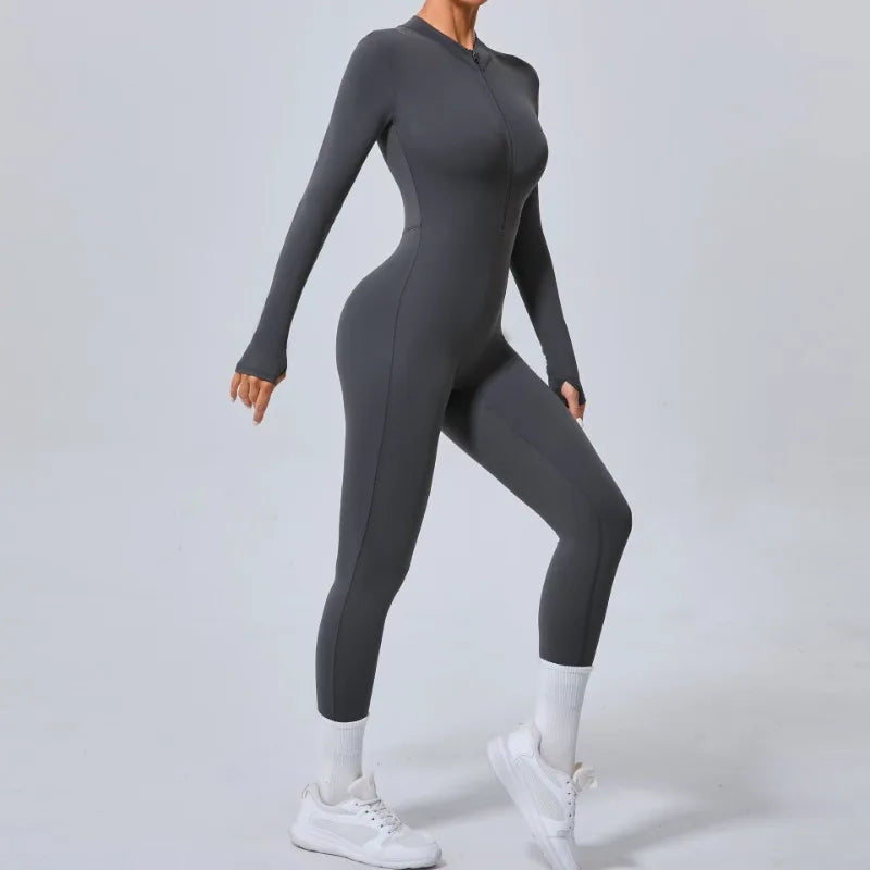 Cralom Seamless Front Zip Yoga Bodysuit, Hip-Lifting Jumpsuit for Fitness & Gym