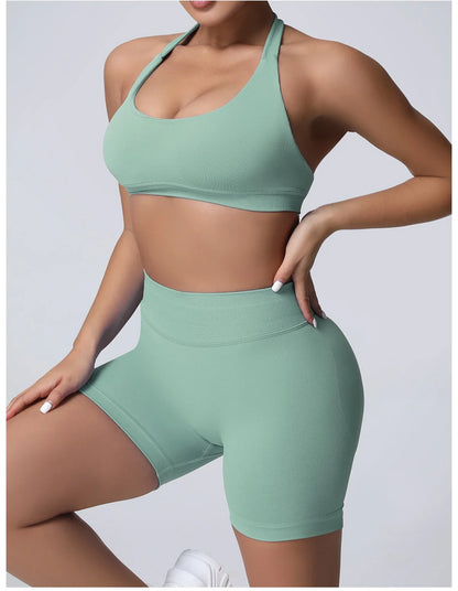 Cralom Seamless Impact Halter Yoga Bra Set with Scrunch But Gym Legging