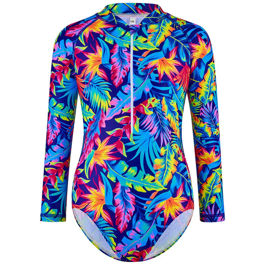 Girls Boyleg Shorts One-Piece Swimsuit, Long Sleeve, Colorful Leaves Print - Cralom