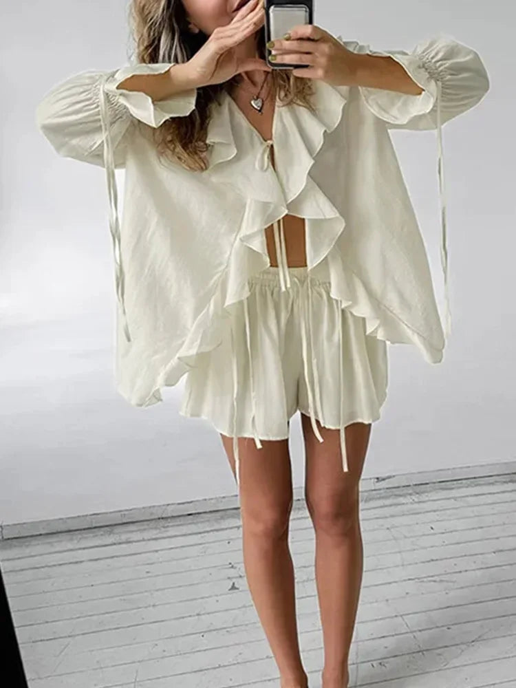 Cralom V Neck Solid Shorts Set 2025 Summer Outfits