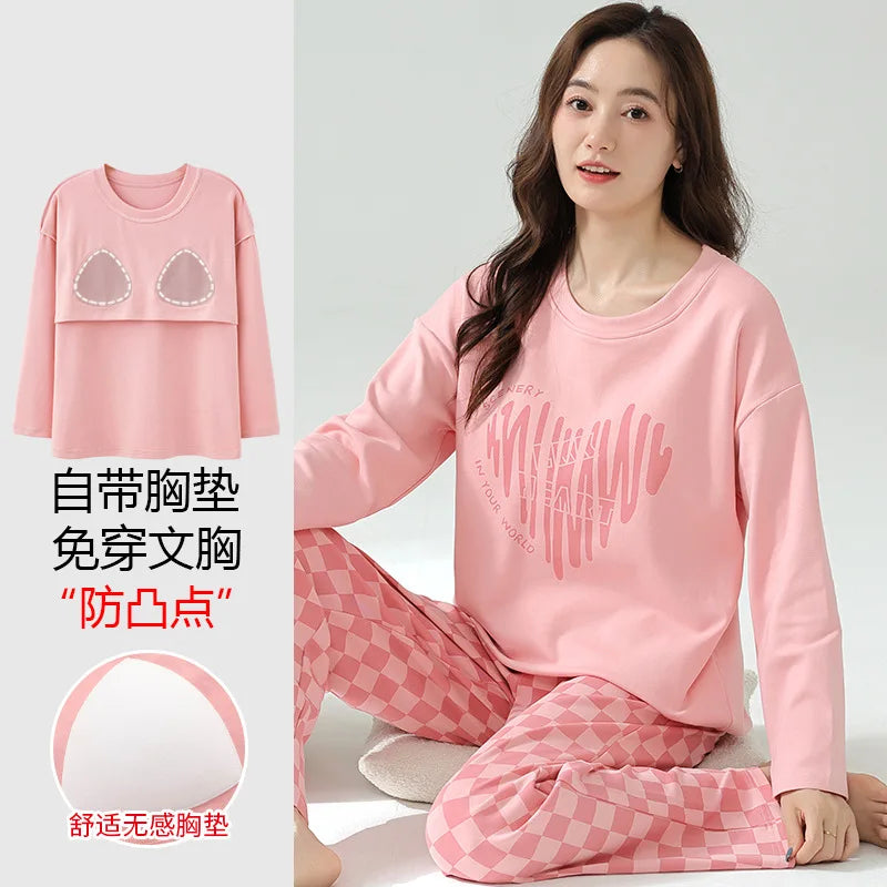 Cralom Cotton Pajama Set with Chest Pads, Long-sleeved Soft Sleepwear for Women