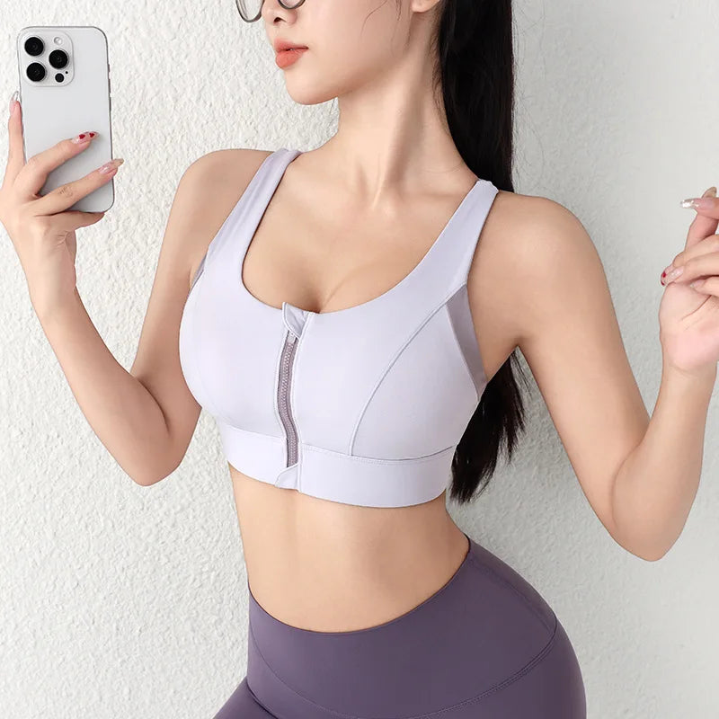 Cralom Front Zip Yoga Bra with Built-in Pads, Racer Back High-impact Support Crop Top