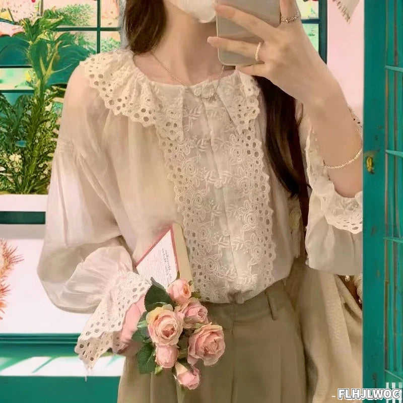 Cralom Lace Ruffles Flare Sleeve Sunscreen Top - Sweet Vintage Style