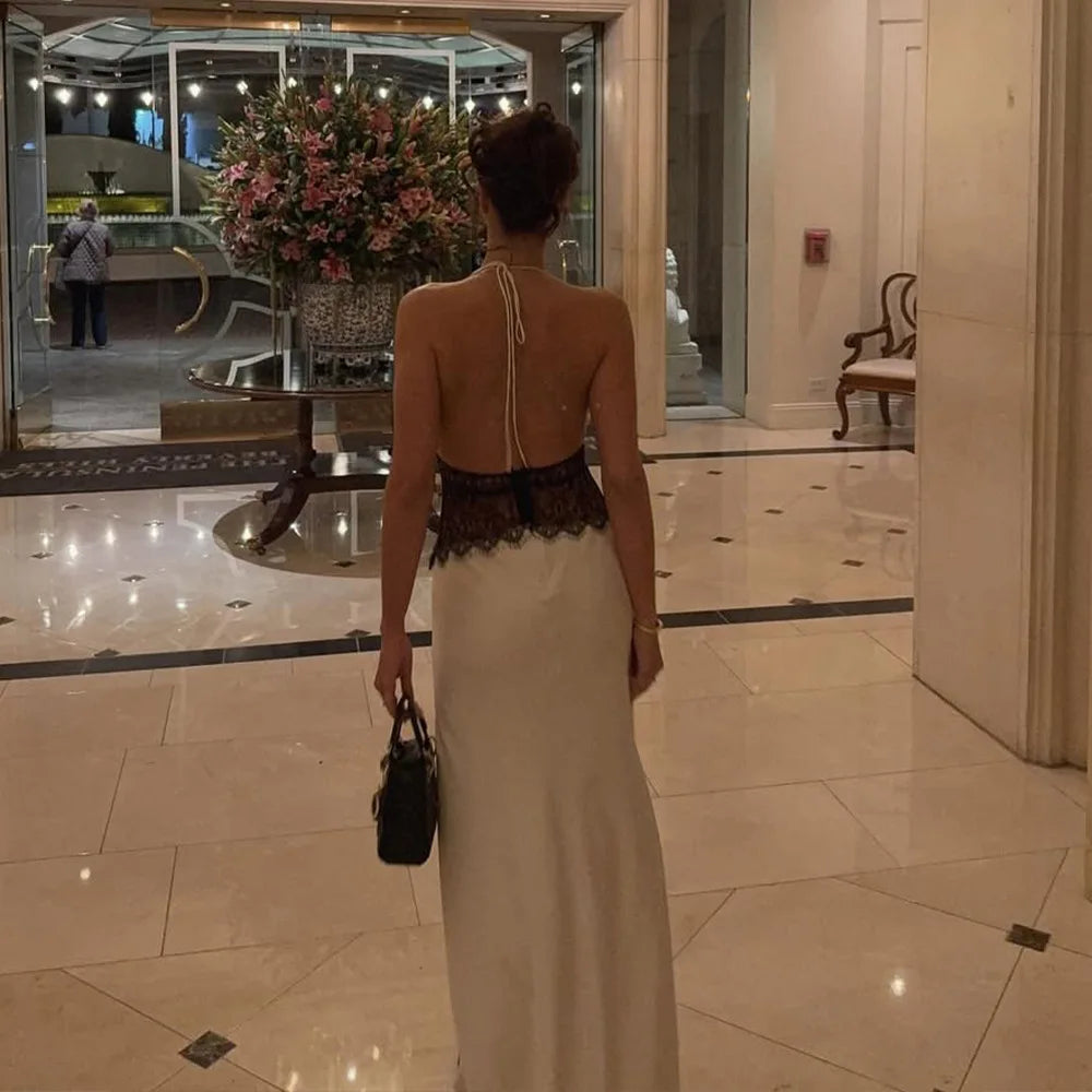 Cralom Deep V-silk Satin Long Dress with Patchwork - Elegant & Sexy