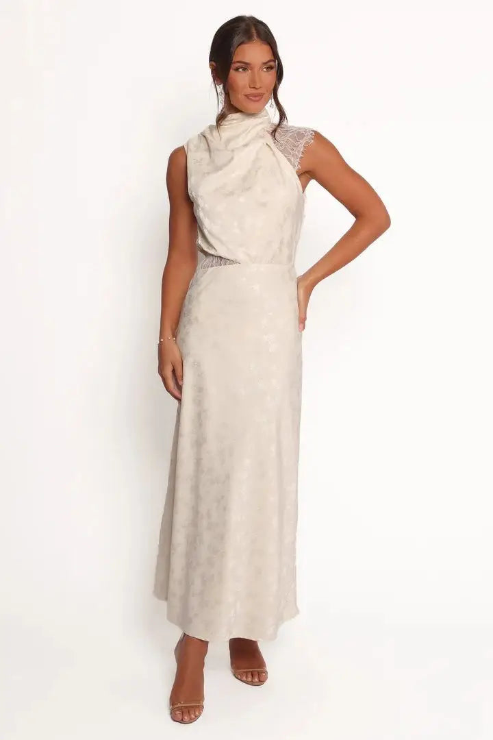 Cralom Solid Color Lace Dress with Hanging Neck and Waist for Women