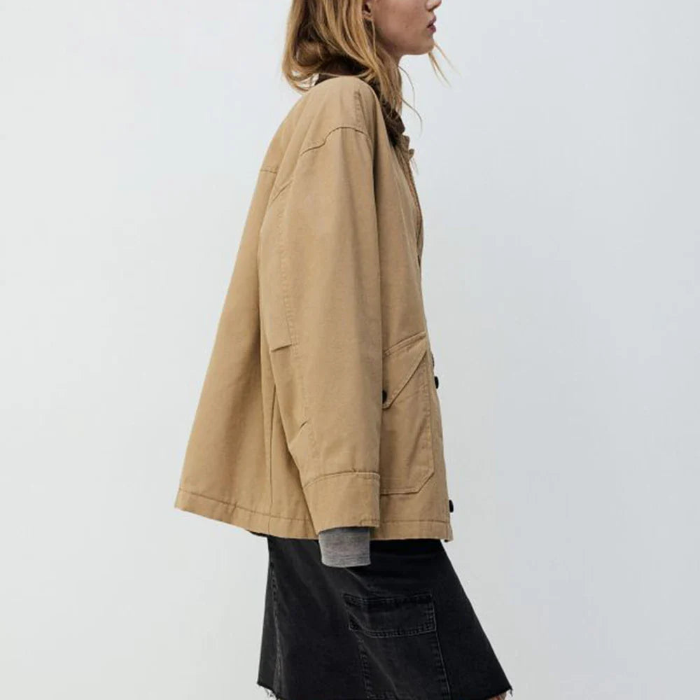 Cralom Solid Spliced Lapel Jacket with Pockets, Chic Minimalist Design
