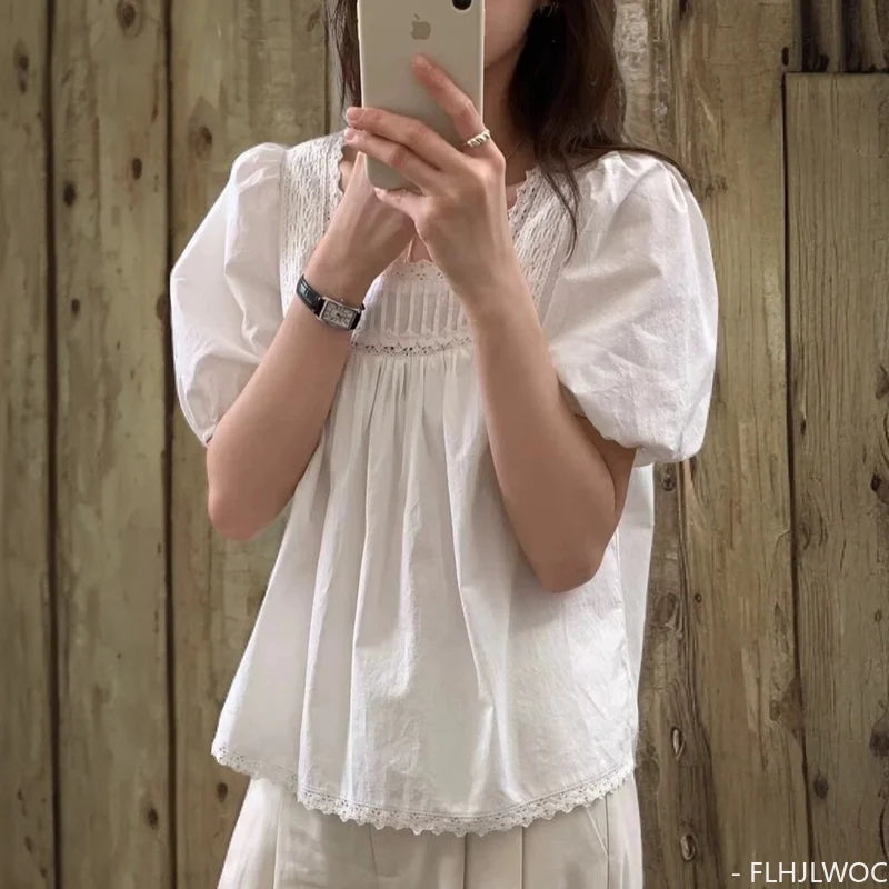 Cralom Japanese Style Square Neck Lace Blouse White Tops Women Summer