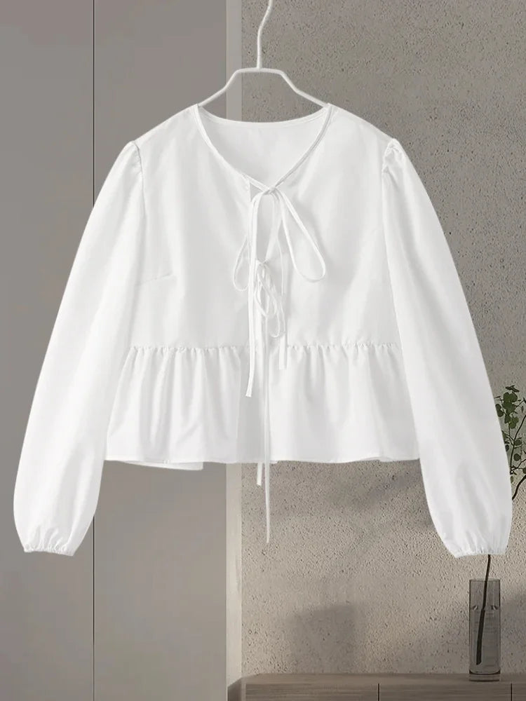 Cralom Lace-Up Long Sleeve Blouse - Elegant Solid Color Office Shirt Top