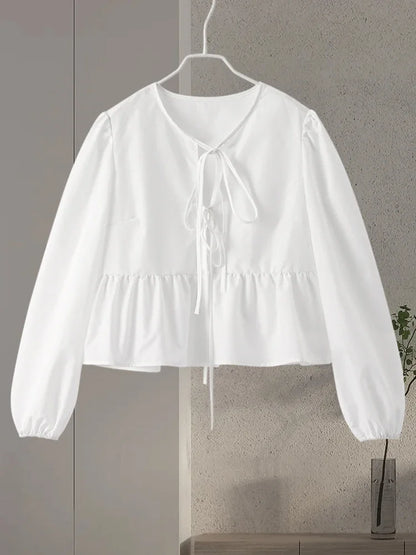 Cralom Lace-Up Long Sleeve Blouse - Elegant Solid Color Office Shirt Top