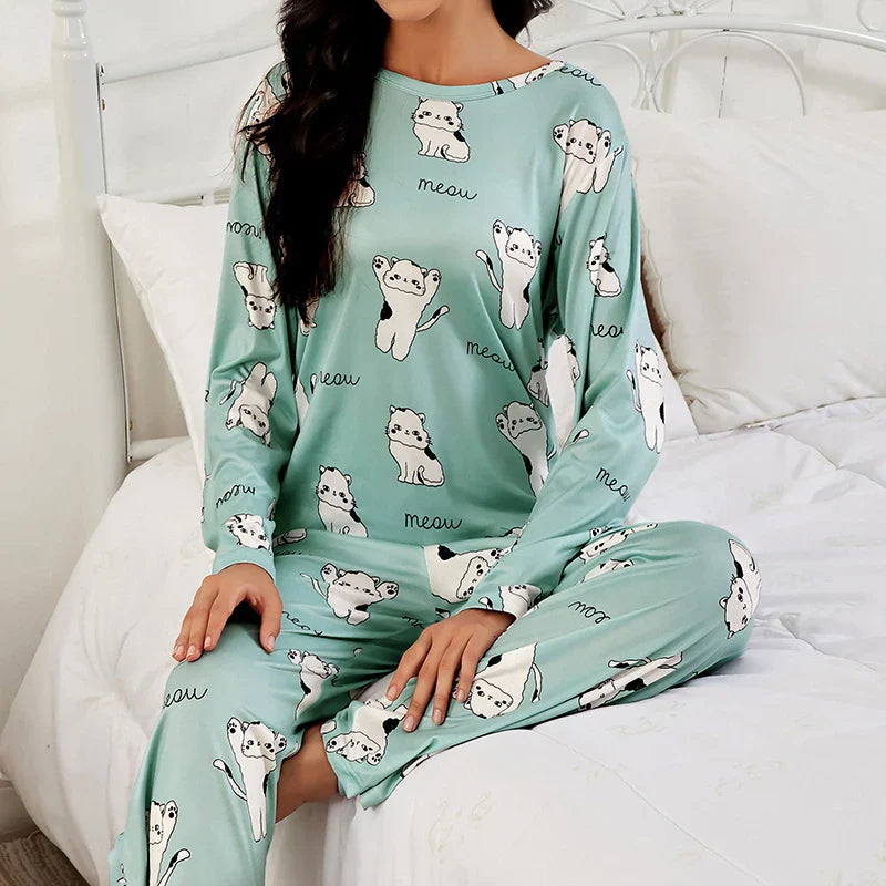 Cralom Green Cat Print Pajama Set - Long Sleeve Top & Pants Sleepwear