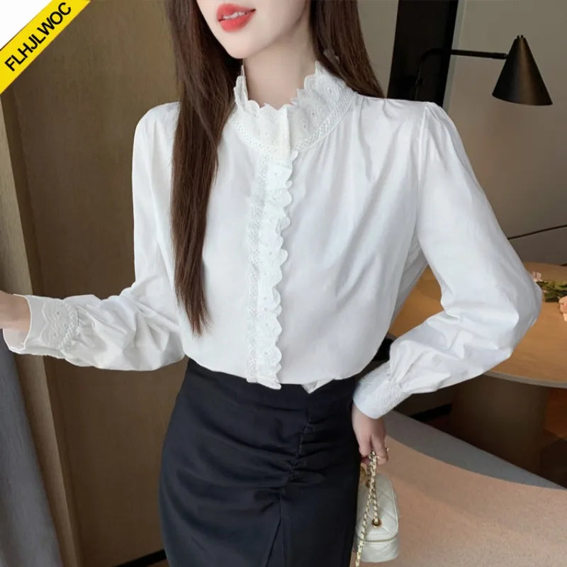 Cralom Ruffled Lace White Blouse for Girls & Women, Long Sleeve Formal Office Shirt