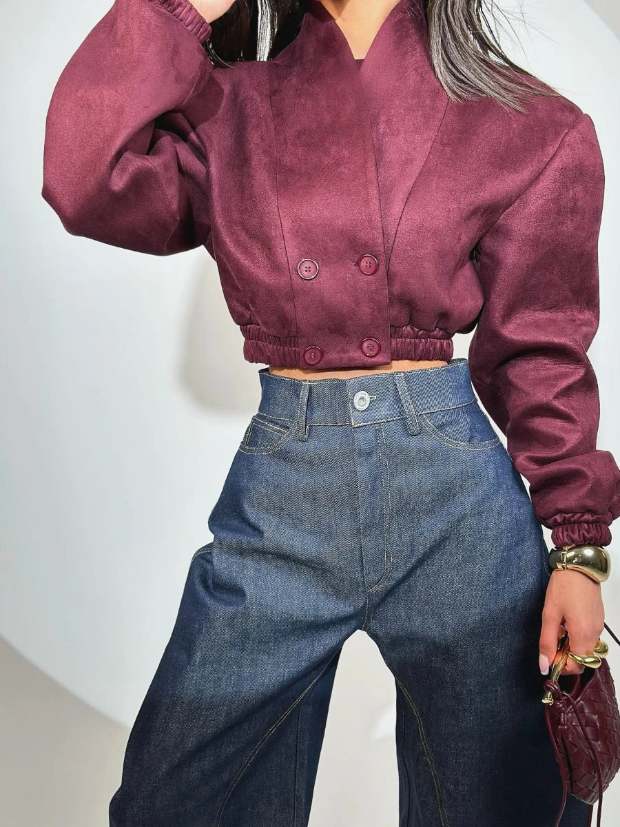 Cralom Winered Retro Slim Coat V Neck Double Breasted Short Jacket Women's Fashion