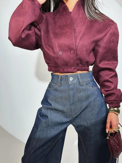 Cralom Winered Retro Slim Coat V Neck Double Breasted Short Jacket Women's Fashion