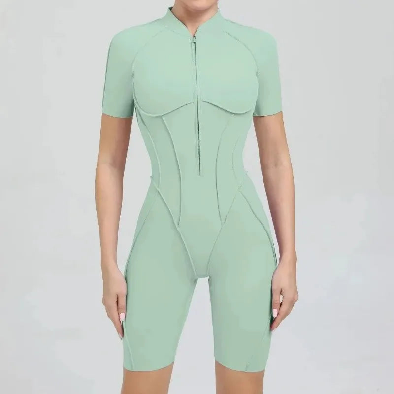 Cralom Zip Front Short Sleeve Jumpsuit - Summer Workout Activewear
