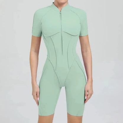 Cralom Zip Front Short Sleeve Jumpsuit - Summer Workout Activewear