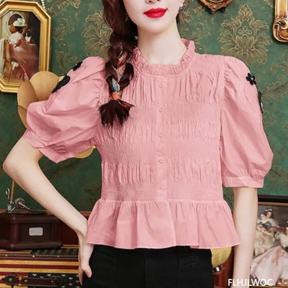 Cralom Cotton Peplum Button White Blouse Summer Chic Women's Top
