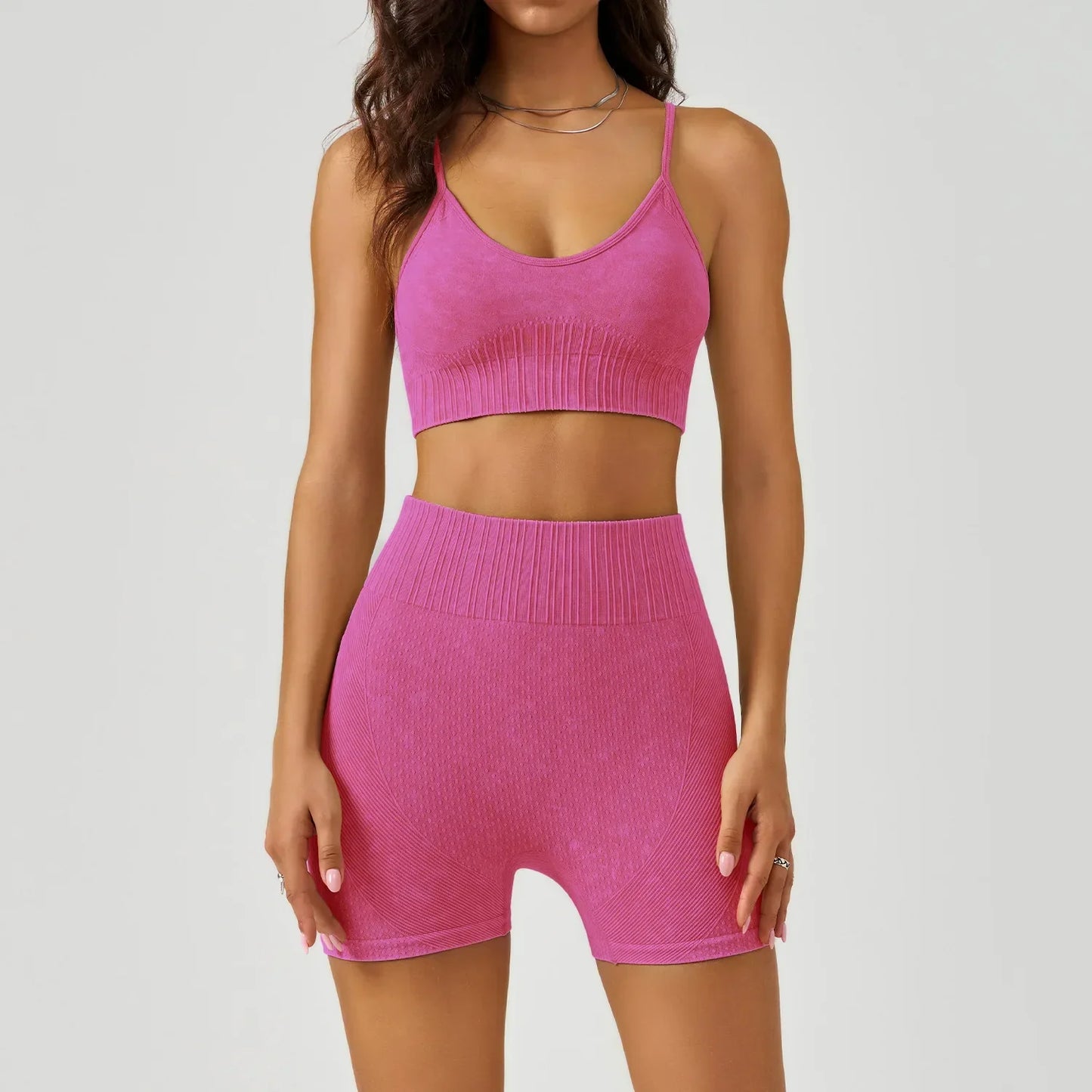 Cralom Sand Washed Seamless Yoga Set: Sports Bra & High Waist Gym Shorts