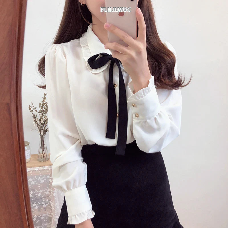 Cute Preppy Style Chiffon Blouse Girls Bow Tie Shirt Peter Pan Collar Top by Cralom