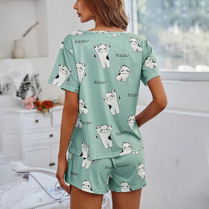 Cralom Cat Print Pajama Set - Soft Summer Sleepwear & Home Clothes