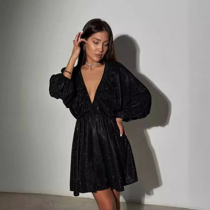 Cralom Women's Sexy Backless V-neck Long-Sleeved Short Skirt