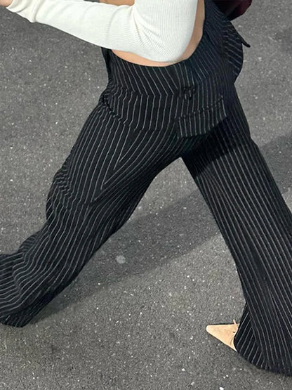 Cralom Streetwear Hottie Stripe Flared Pants - Y2K Fashion Slim Straight Pants