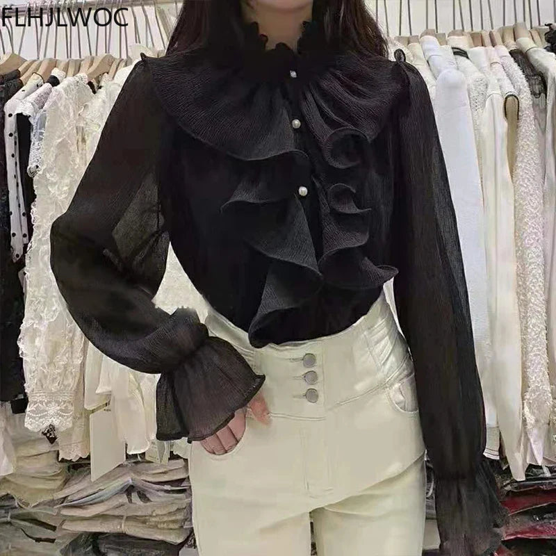 Cralom Ruffled White Long Sleeve Shirt - Elegant Office Lady Blouse