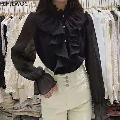 Cralom Ruffled White Long Sleeve Shirt - Elegant Office Lady Blouse