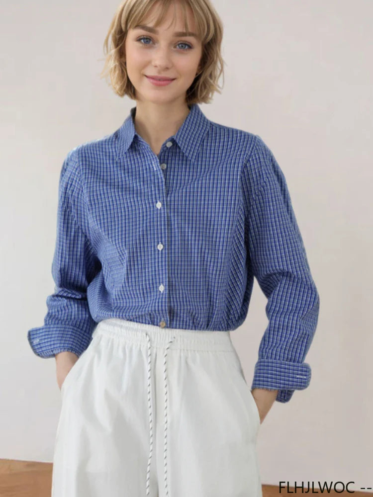 Cralom 2025 Long Sleeve Blue Plaid Shirt Button Detail Loose Fit