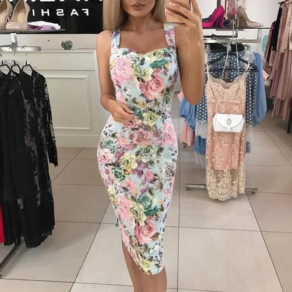 Cralom V-neck Camisole Dress Sleeveless Slim Fit Full Print Backless Slimming Design