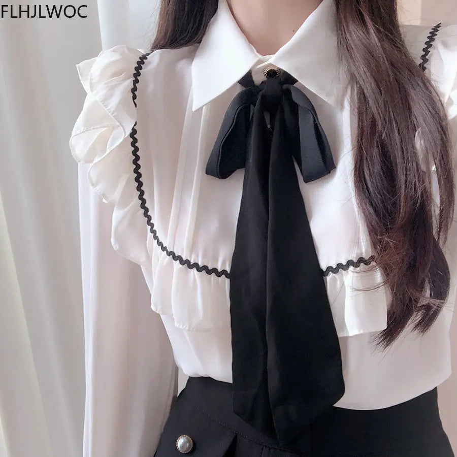 Cralom Retro Ruffles Bow Tie Shirt White