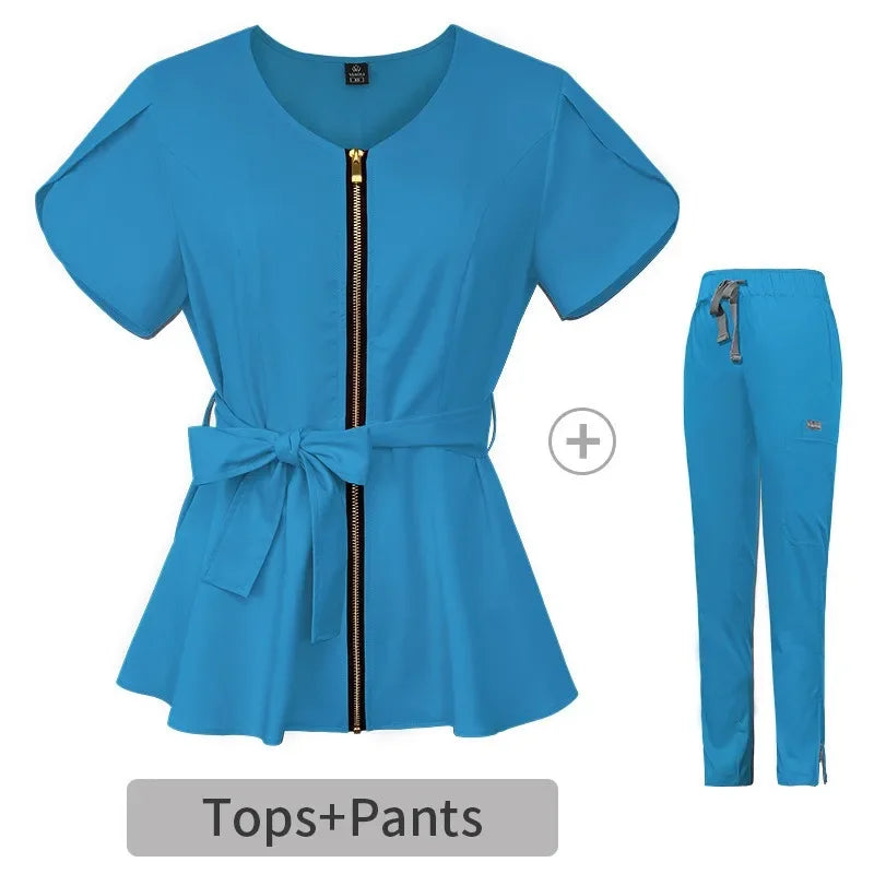 Cralom Elastic Beauty Blouse & Straight Pants Scrub Set for Women