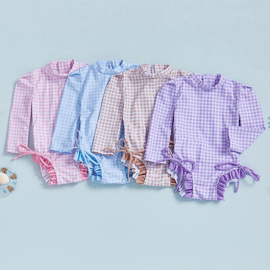 Cralom Baby Girls Plaid Rash Guard Swim Romper with Ruffle Trim