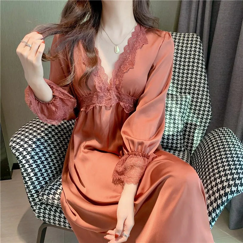 Cralom Long-sleeved Princess Style Nightgown for Women - Spring/Autumn Fashion with Chest Pad
