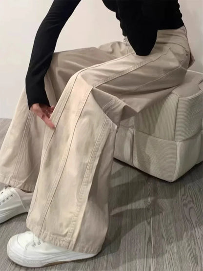 Cralom Vintage Washed Cargo Jeans - High Waist Loose Wide Leg Pants