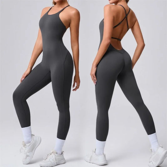 Cralom High-Cut Yoga Bodysuit: Adjustable Straps, Open Back, Butt Lifting Gym Wear